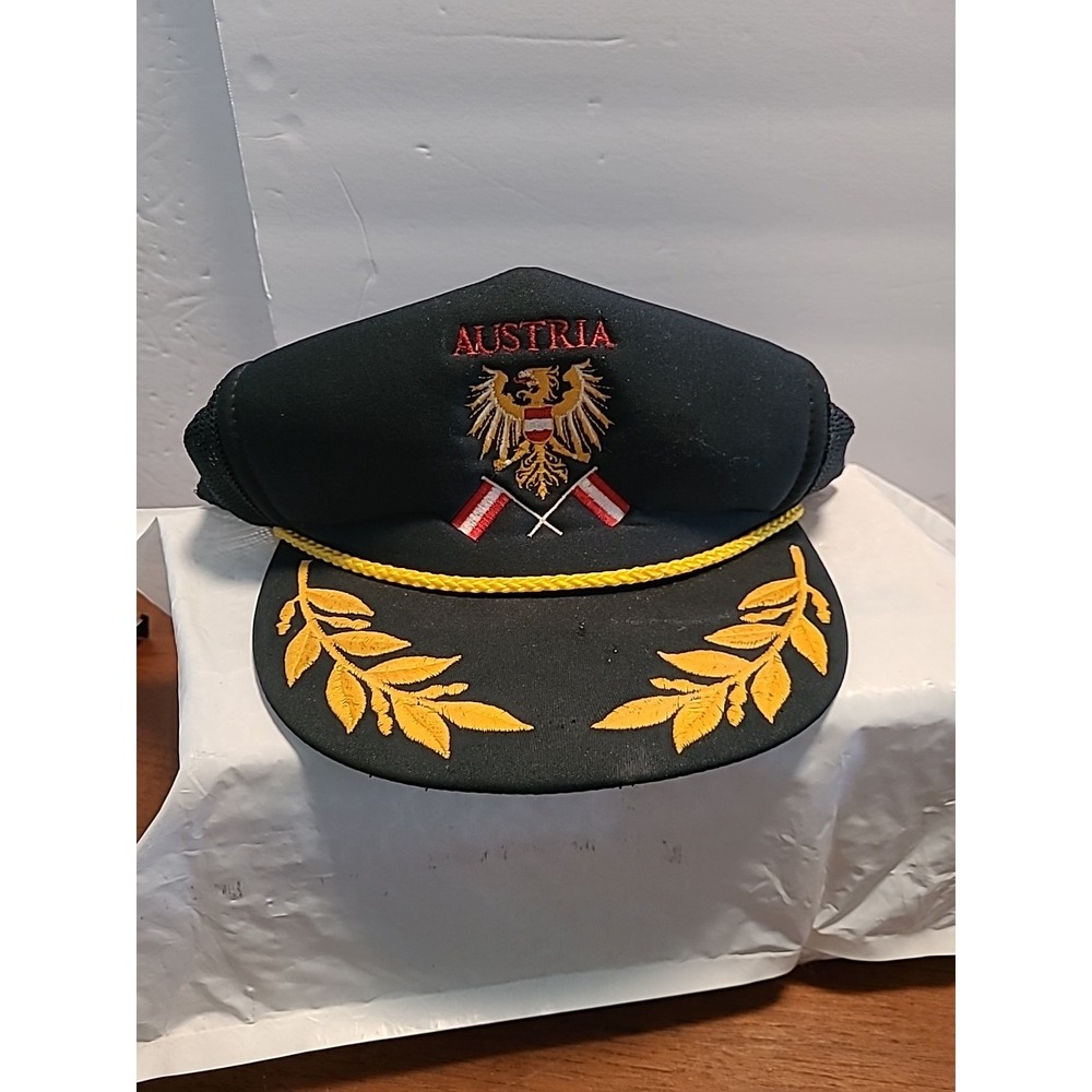 Vintage Austria Truckers Mesh Hat Cap Gold Leaf And Band Black Red